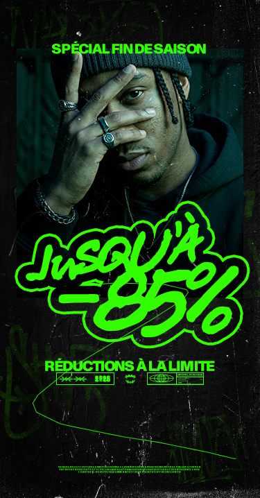 Man with hand on face, wearing rings, against a dark background. Text overlay: "Jusqu'à -85%", promoting end-of-season sale in neon green.