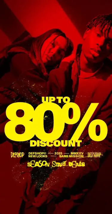 Das Bild zeigt eine DefShop-Werbegrafik mit dem Slogan „Season Start Deals – Up to -80%“. Im Hintergrund sind zwei Models in dunkler Streetwear zu sehen, während der gelbe Schriftzug vor rotem Hintergrund für starke visuelle Kontraste sorgt.