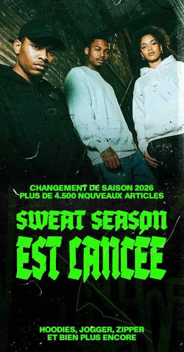Three people in casual clothing pose confidently; green text overlay promotes a clothing season change with hoodies, joggers, and more.