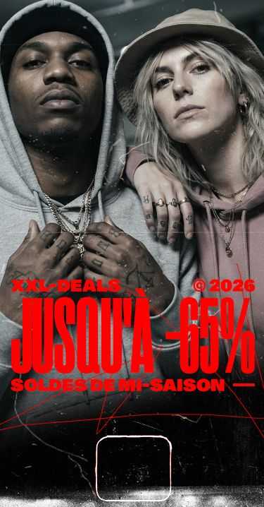 Two people in hoodies showcasing jewelry, with bold red text announcing a mid-season sale up to 65% off.