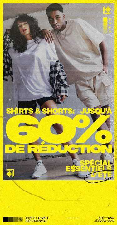 Two models wearing casual summer outfits; text promotes up to 60% off on shirts and shorts, highlighted in yellow.