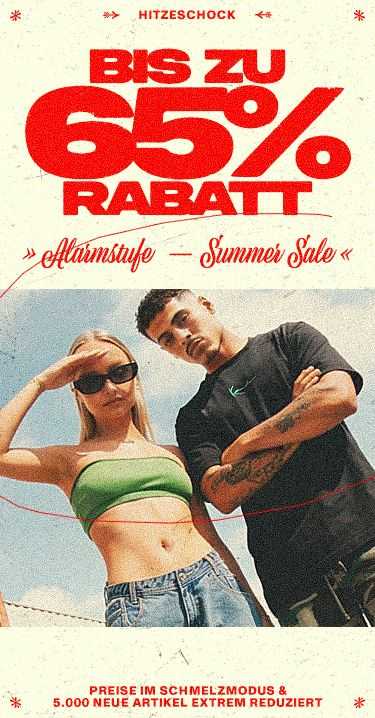 Summer sale announcement with "Bis zu 65% Rabatt" in bold red text, featuring a man and woman in casual attire beneath.