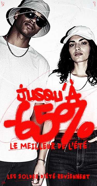 Two individuals in casual white outfits and hats stand with text overlay: "Up to 65% off, the best of summer," promoting summer sales.
