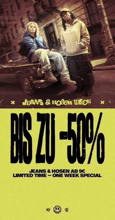 Two people sitting on a car with an urban backdrop. Text: "Jeans & Hosen Week, Bis Zu -50%, Limited Time, One Week Special."