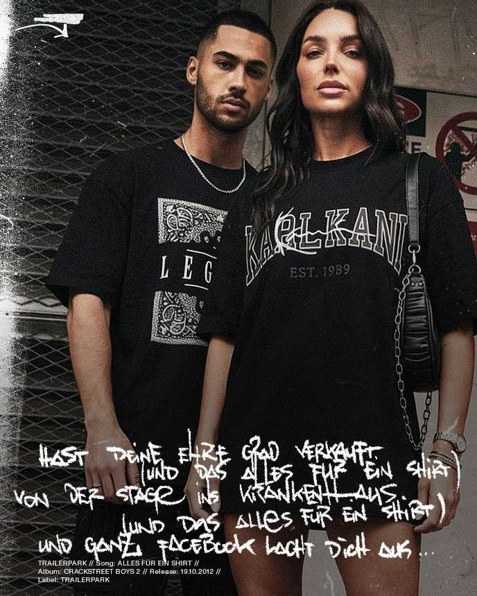 Two people wearing black graphic T-shirts stand confidently. Handwritten text overlays the image.