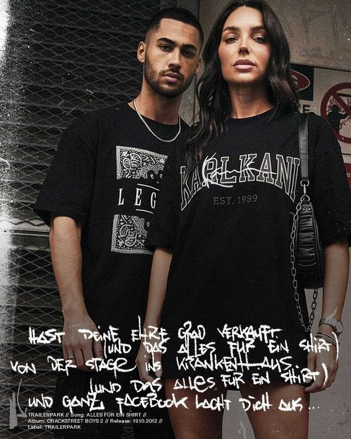 Man and woman in black graphic tees stand confidently in front of a metal grate. White text overlays the image with a grunge effect.