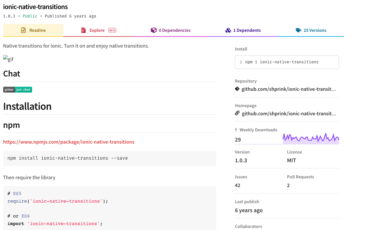 ionic on npm webpage screenchot