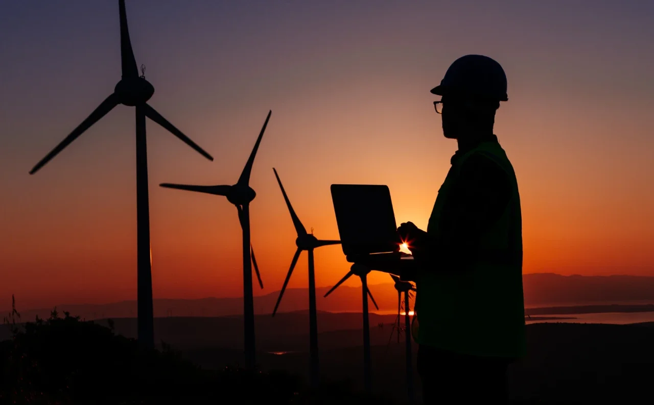 Picture of a man in a hard hat standing in front of power-generating windmills at sundown while holding a tablet.