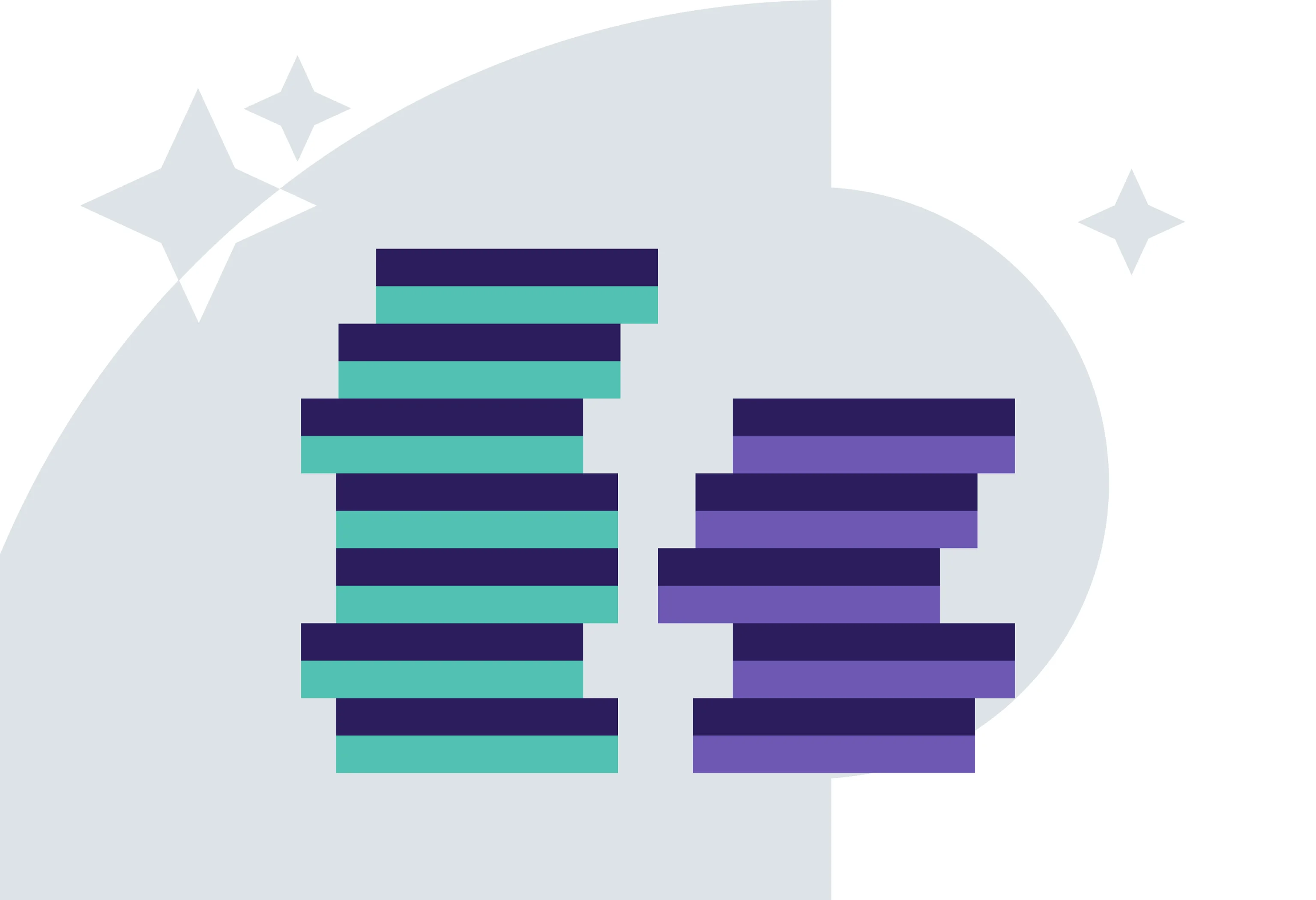 Minimalist image showing two towers of blocks, with a green one to the left and a smaller purple one to the right.