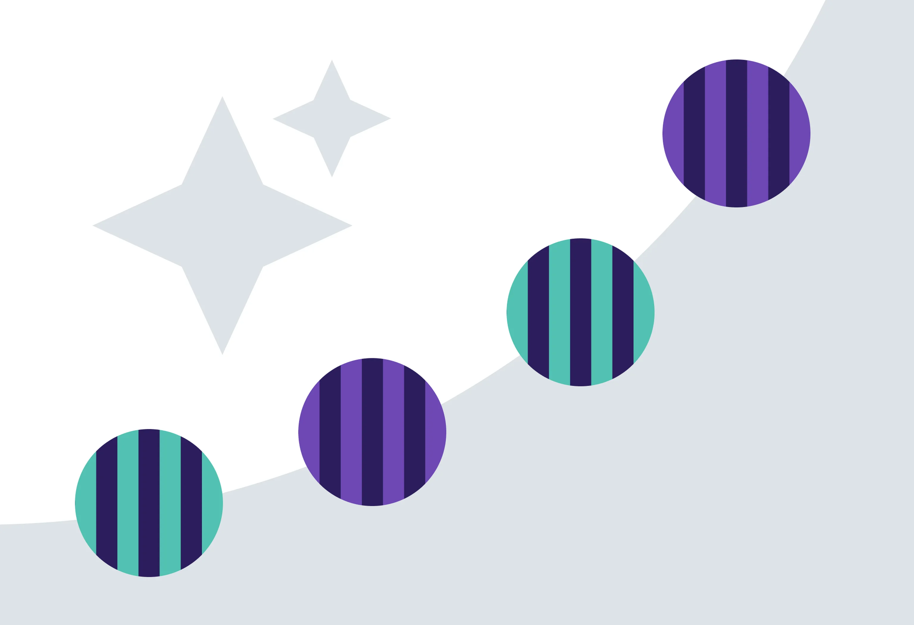 Minimalist illustration showing four circles, two green and two purple, as points on a growing chart.