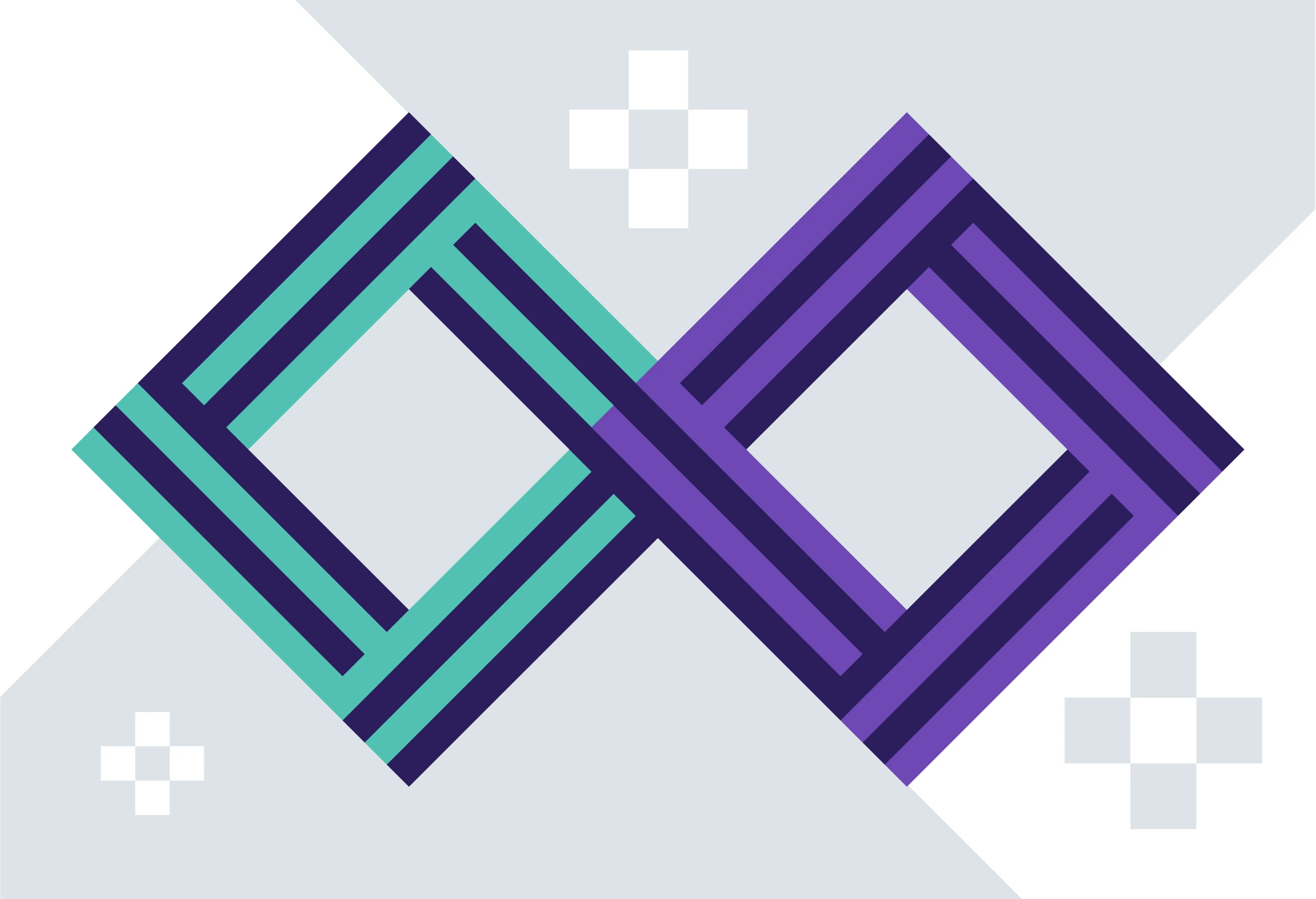 Minimalist illustration showing two squares intersecting, one green and one violet.