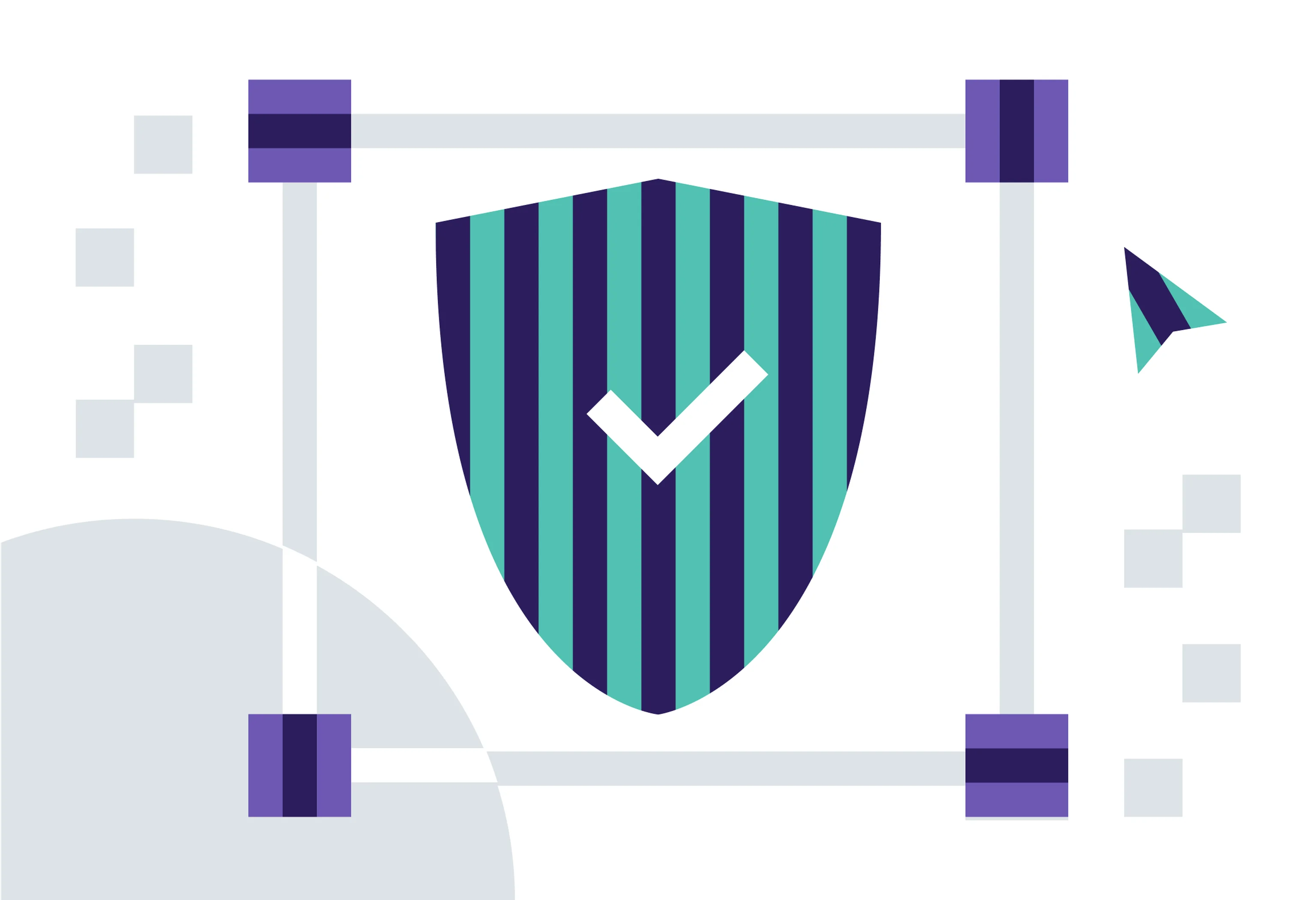 Minimalist illustration of the concept of cybersecurity. A security badge with a checkmark on it is placed in the centre, enclosed by four grey lines, set on an abstract background with grey elements.  