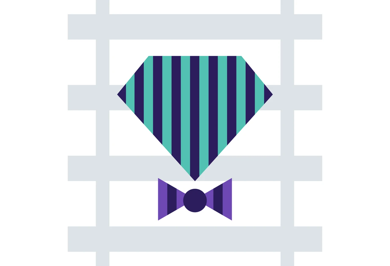 Minimalist illustration showing the Ruby programming language symbol in the center with a bowtie below it.