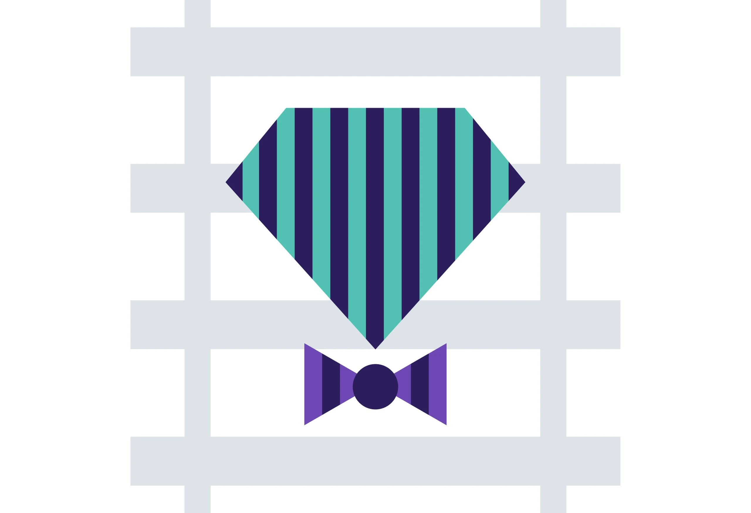 Minimalist illustration showing the Ruby programming language symbol in the center with a bowtie below it.