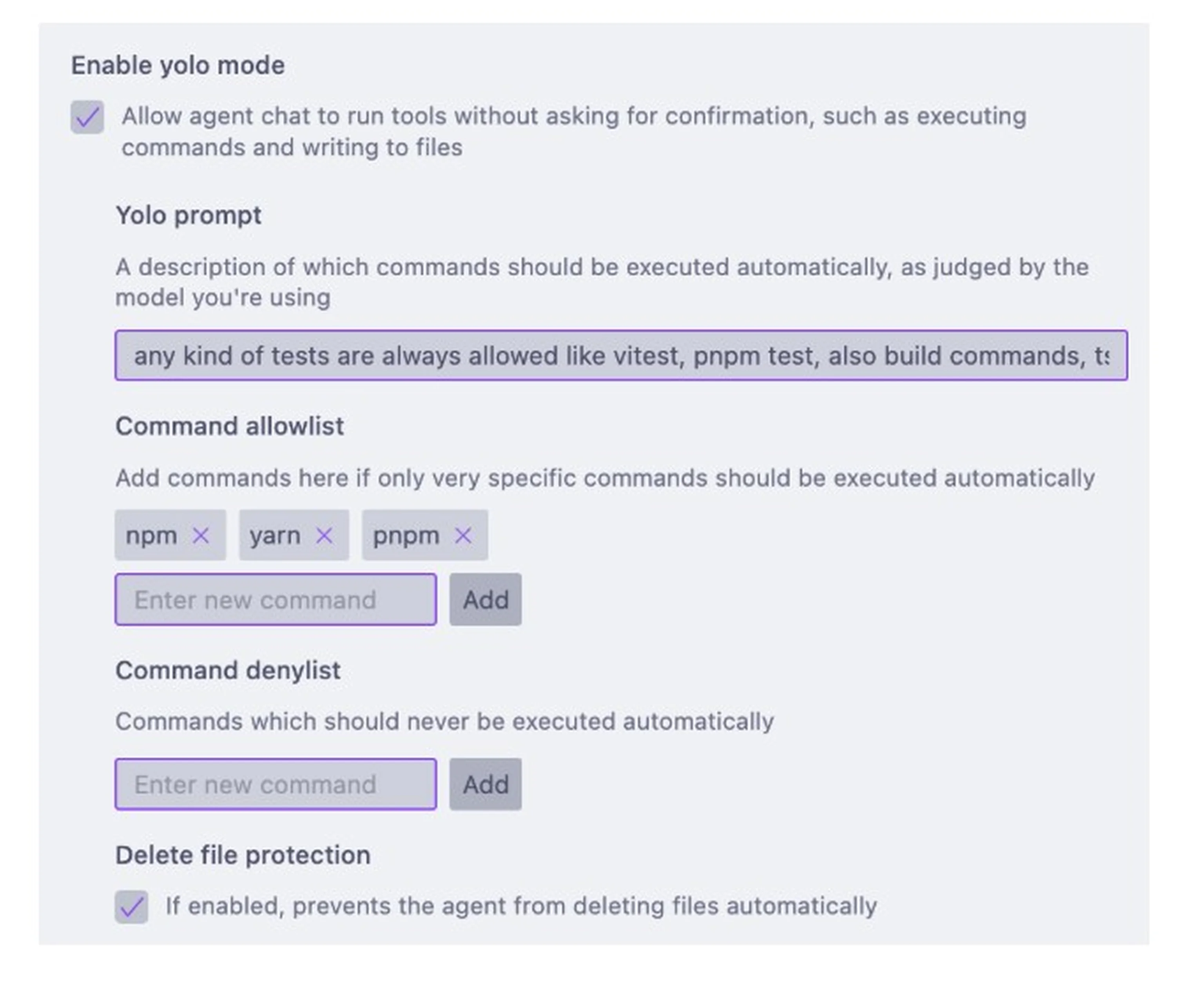 AI assisted software development: YOLO mode settings in Cursor