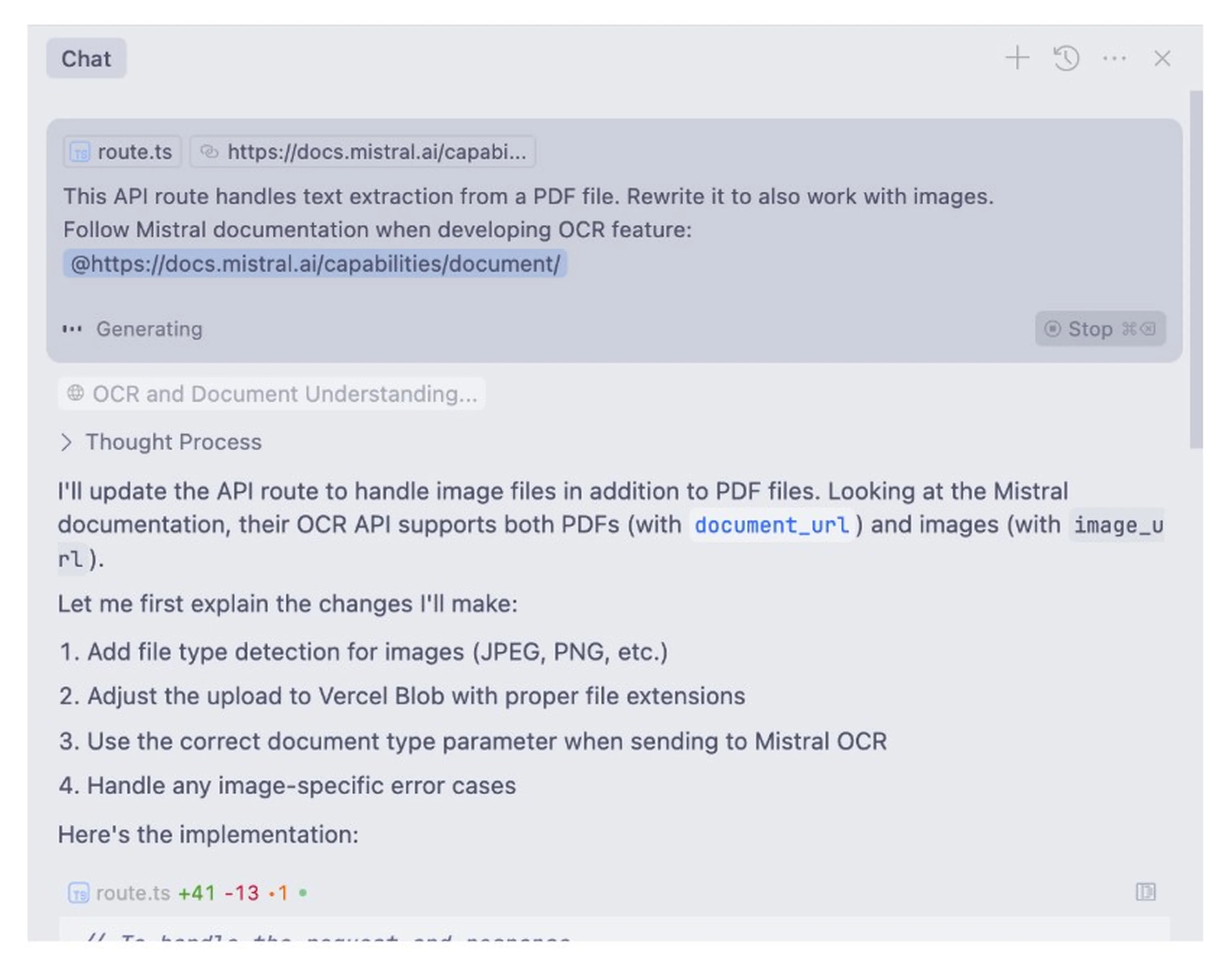 Example use of Agent in Cursor with a documentation link passed as additional context