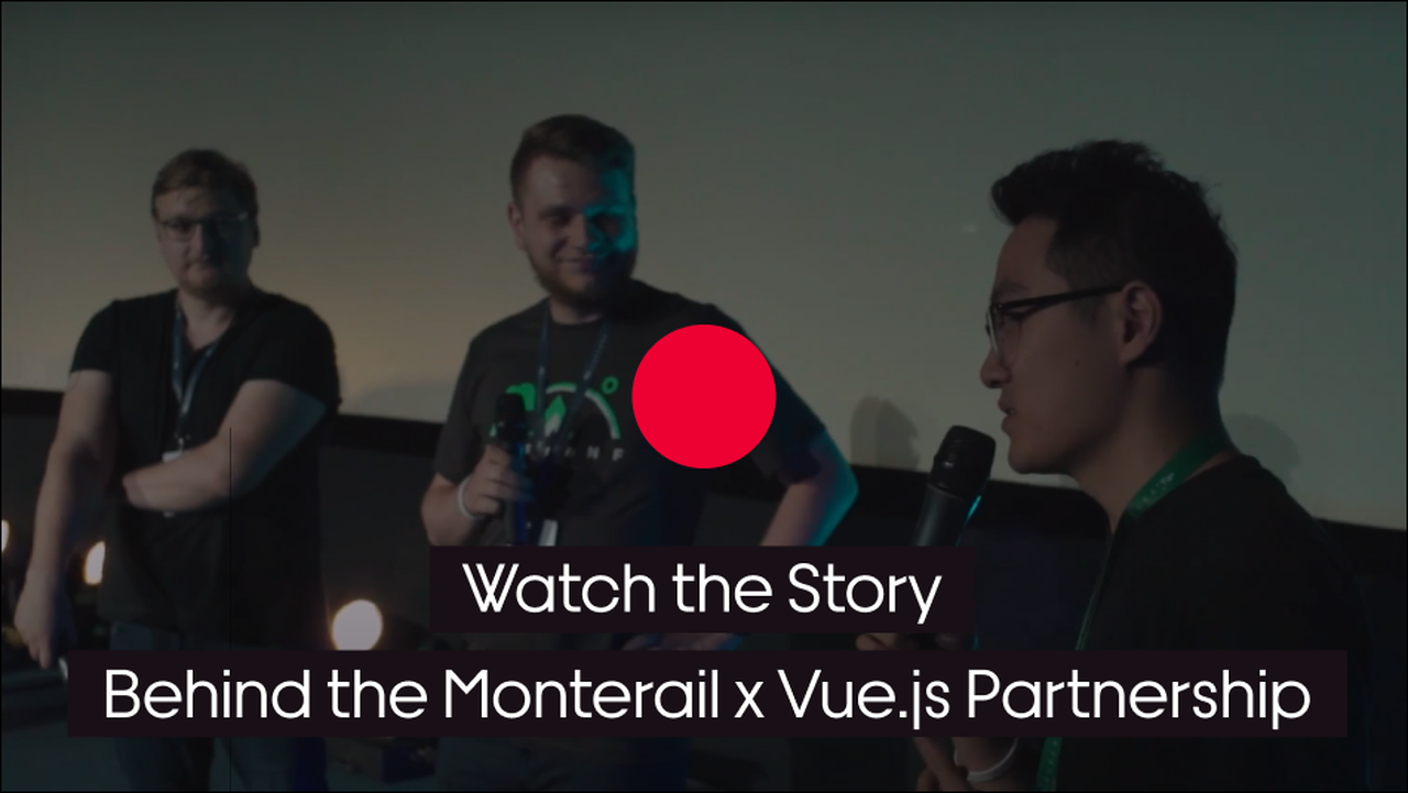 a cover for video presenting Monterail as an official Vue.js partner and the Story Behind the Monterail x Vue.js Partnership
