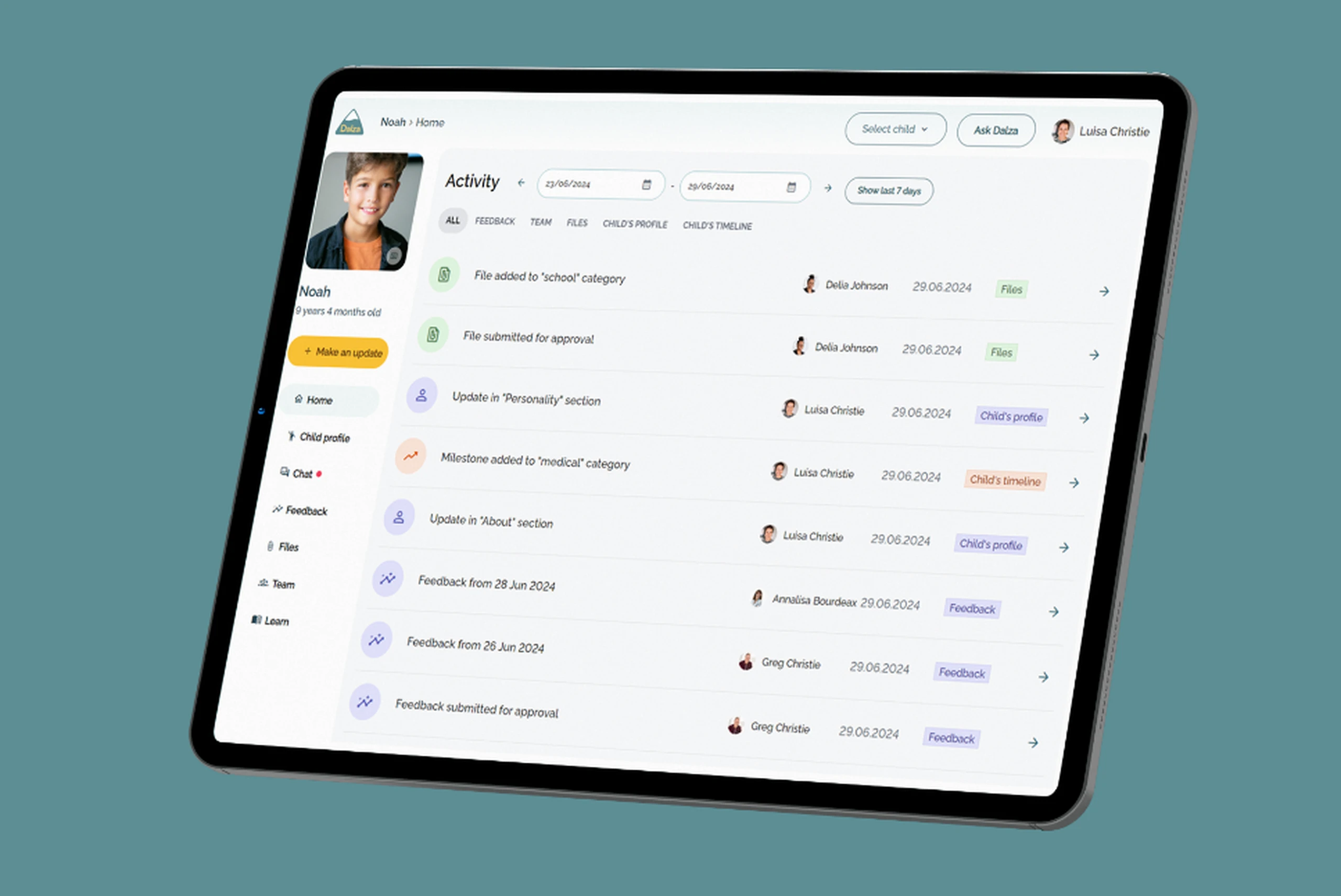 Dalza application laptop screenshot