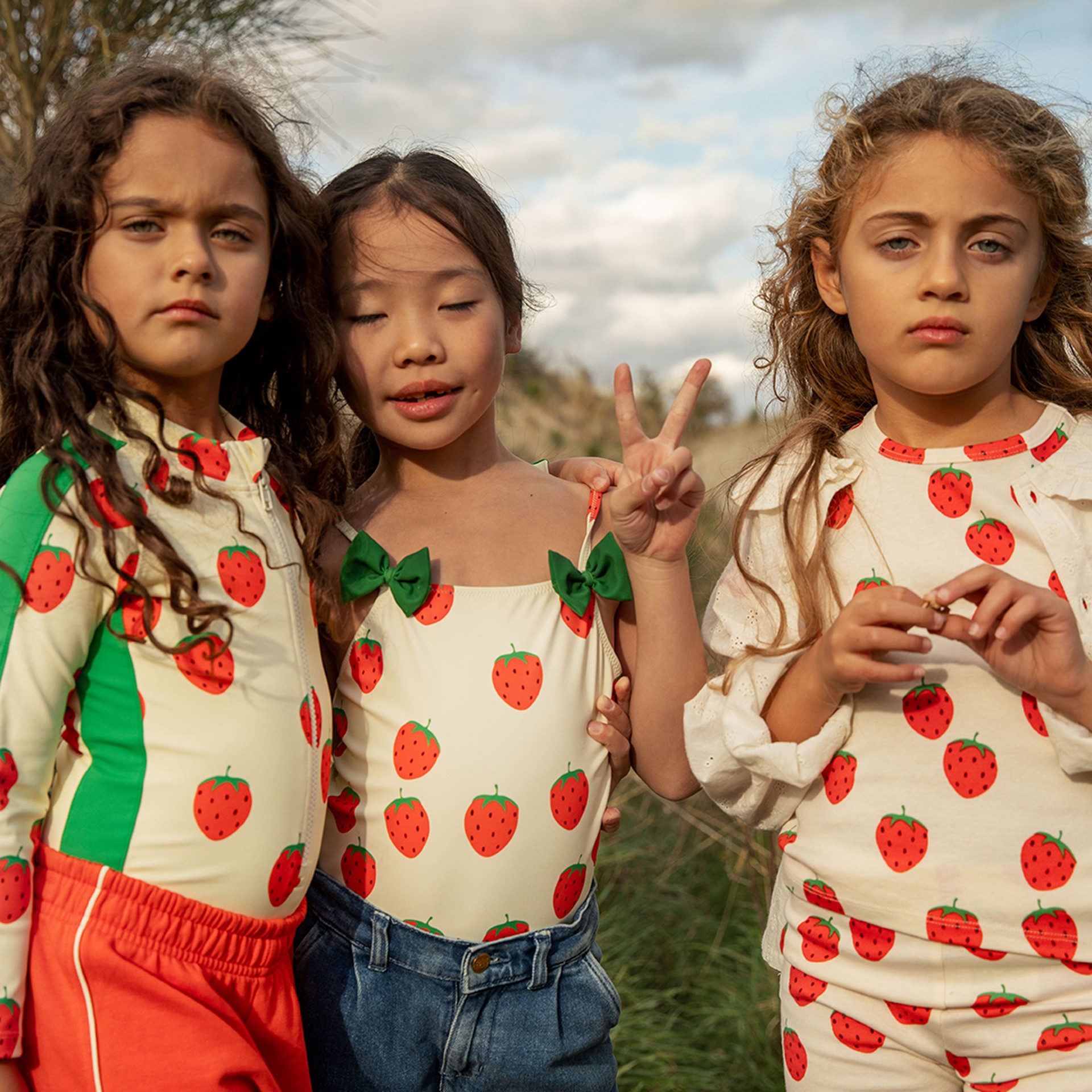 Girls wearing Strawberries print from Mini Rodini