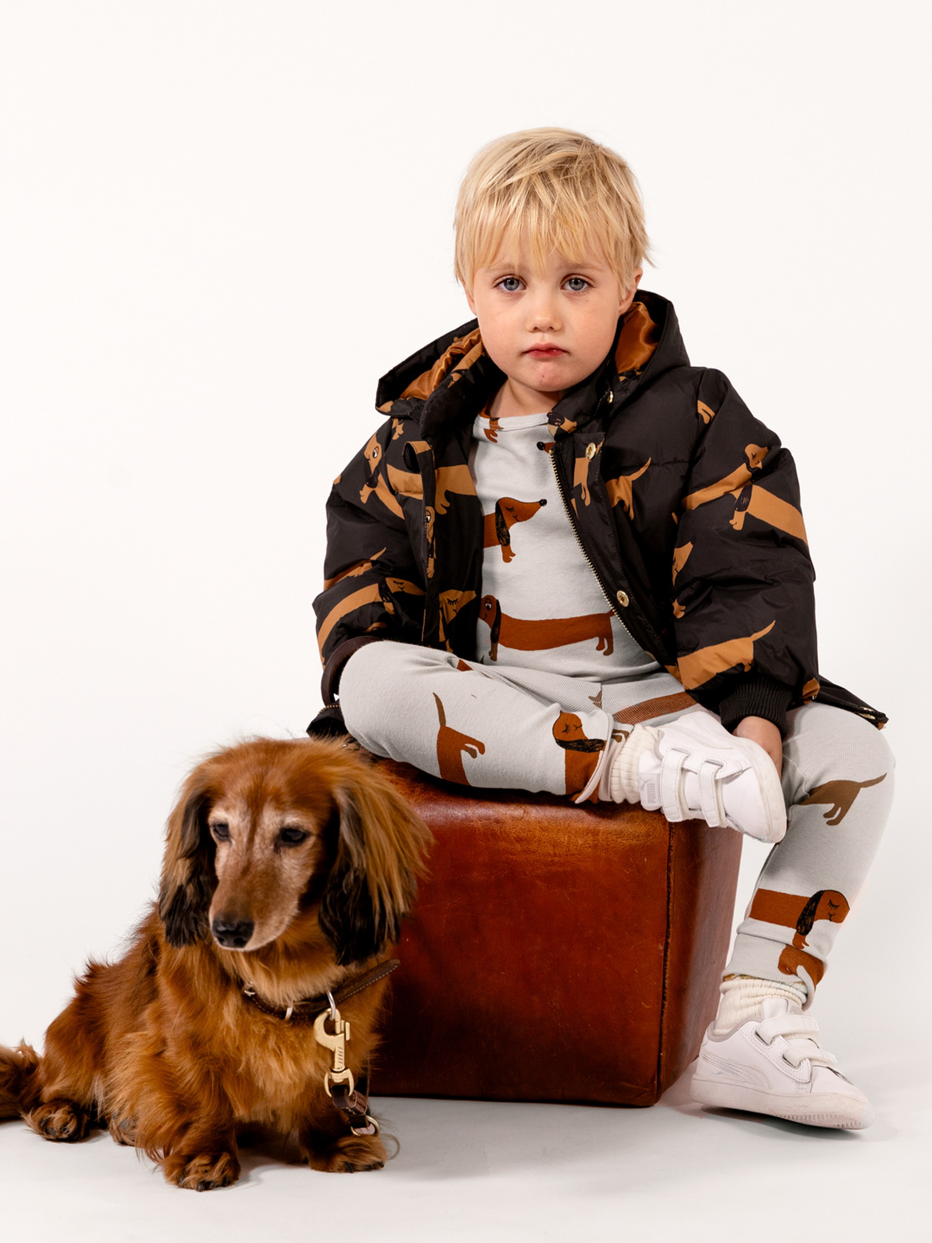 A child in dog-patterned clothes sits on a leather ottoman, with a long-haired dachshund dog beside them.