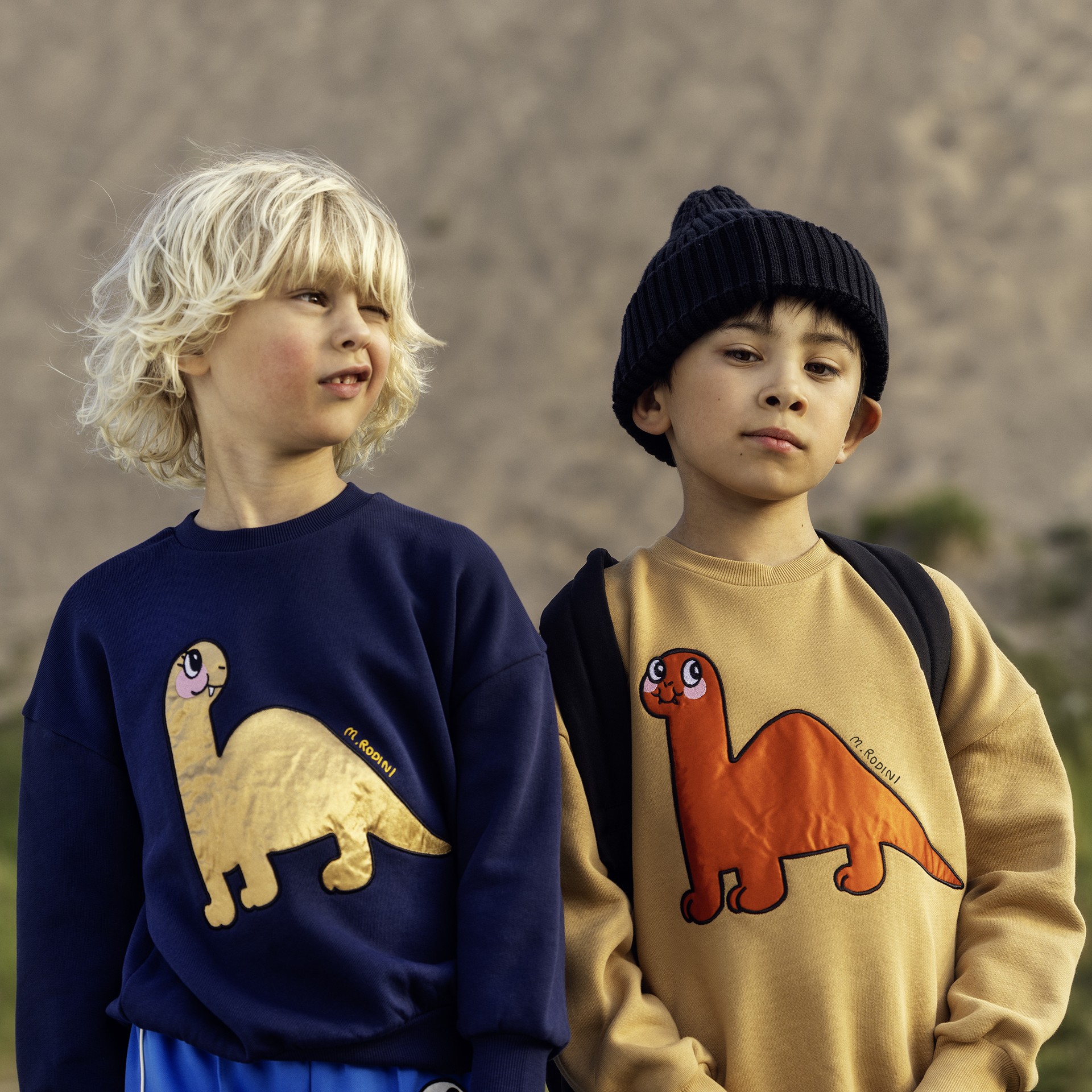 Boys wearing Dino application sweatshirt from Digging deep collection Mini Rodini