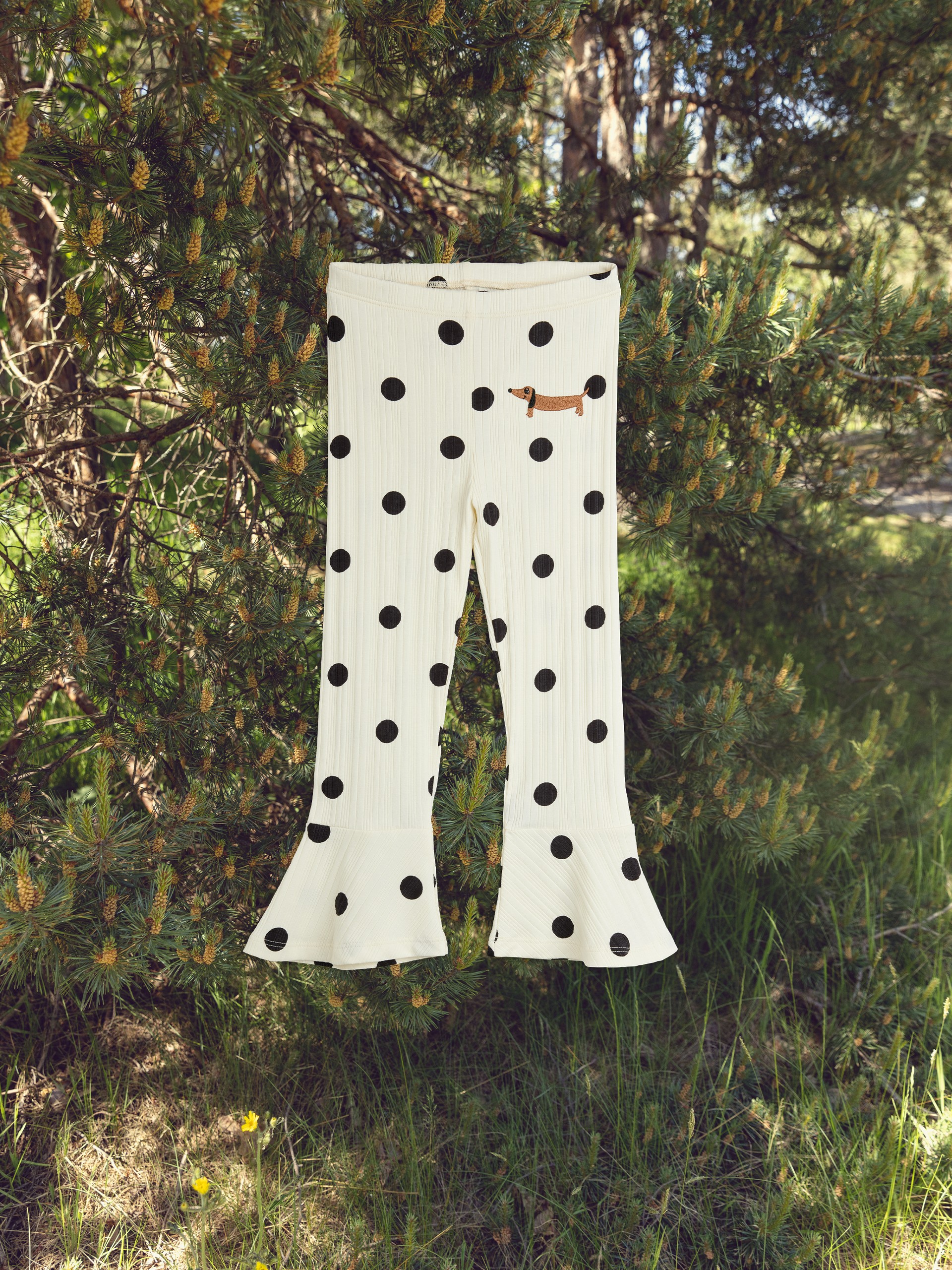White pants with black polka dots and a small dog patch, hanging from a tree branch against a backdrop of green foliage.