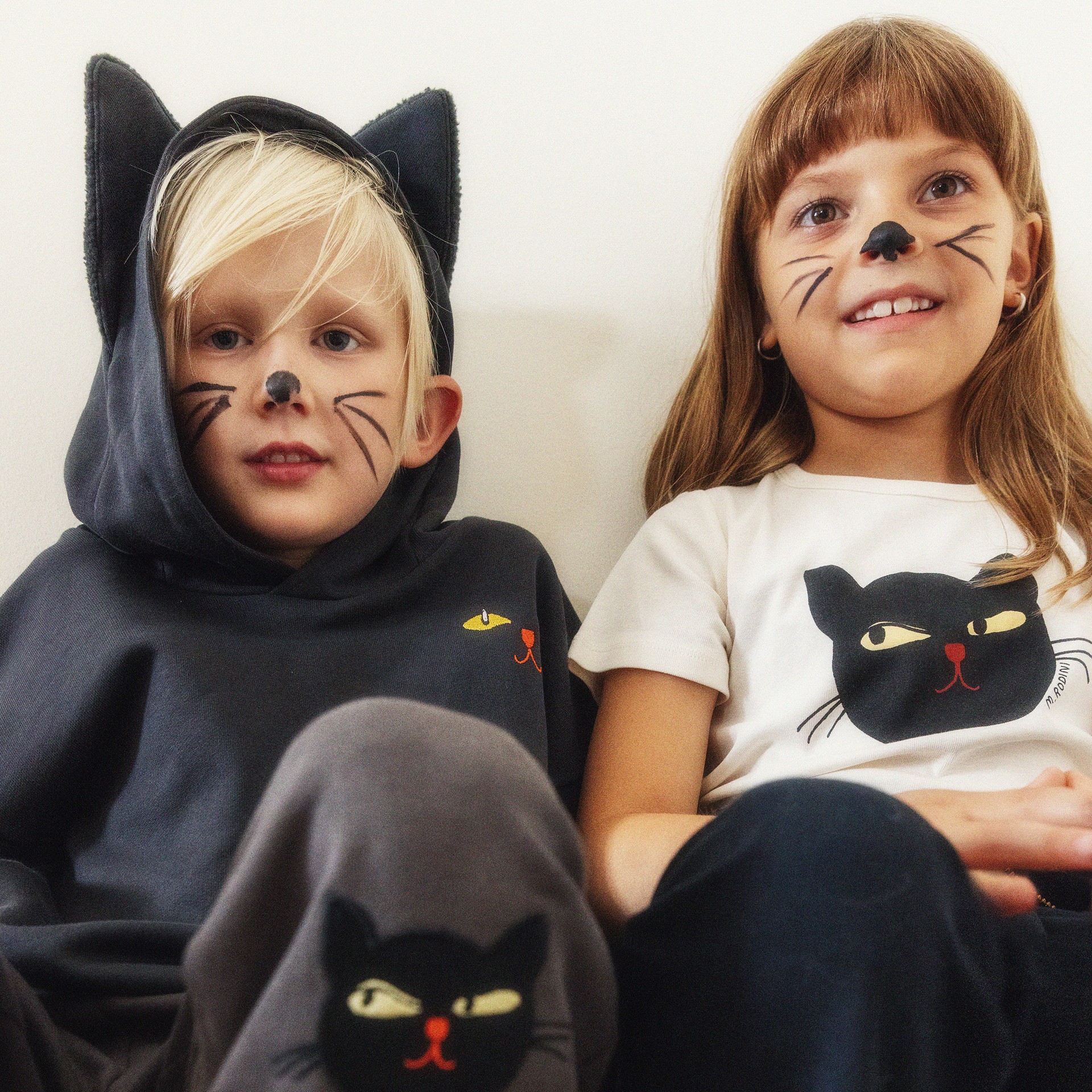 Two children dressed in cat-themed outfits, with cat ears and painted whiskers, smiling and sitting against a white background.