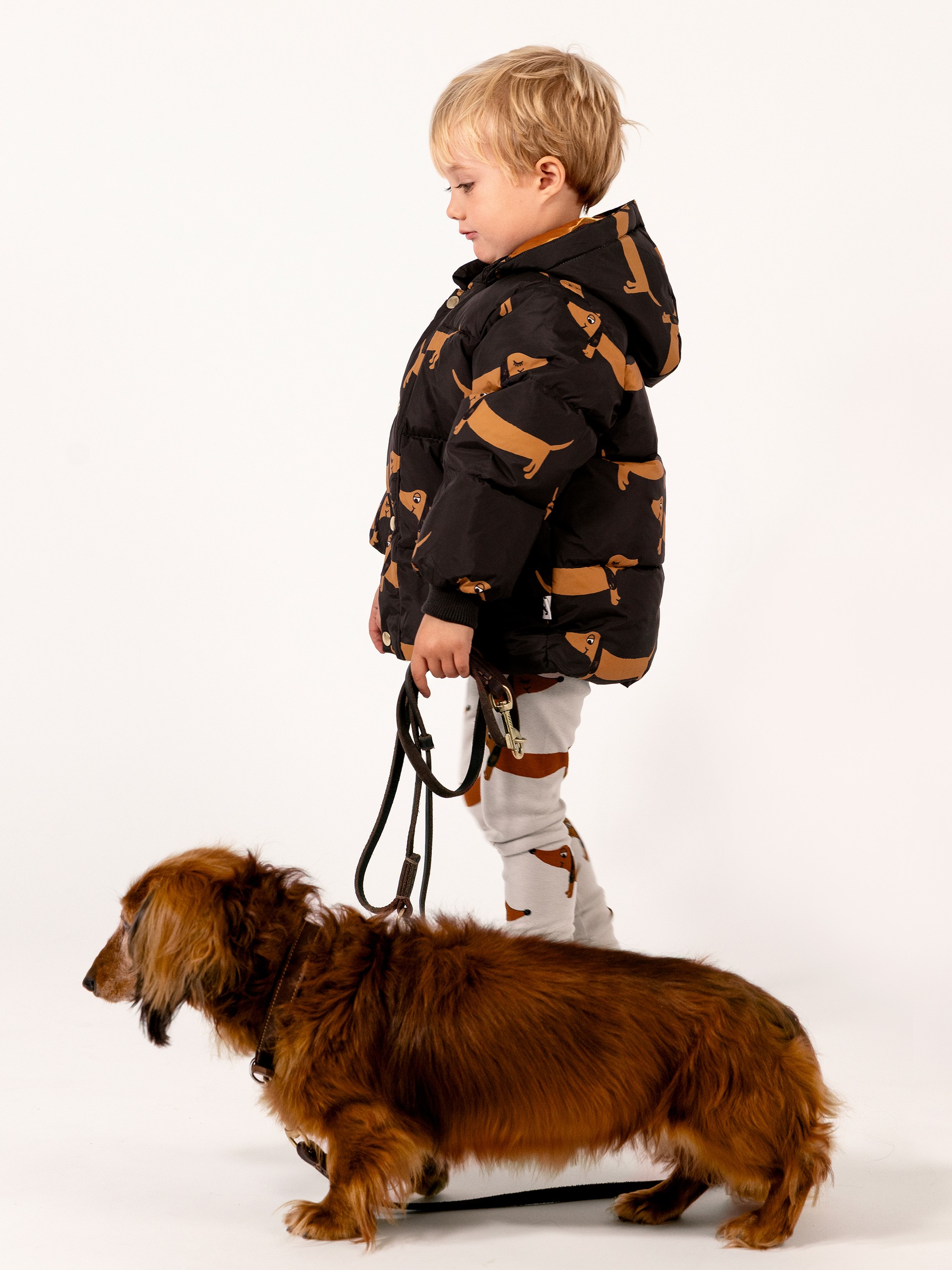 A child wearing a dachshund-patterned jacket and holding a leash, standing beside a brown dachshund dog.