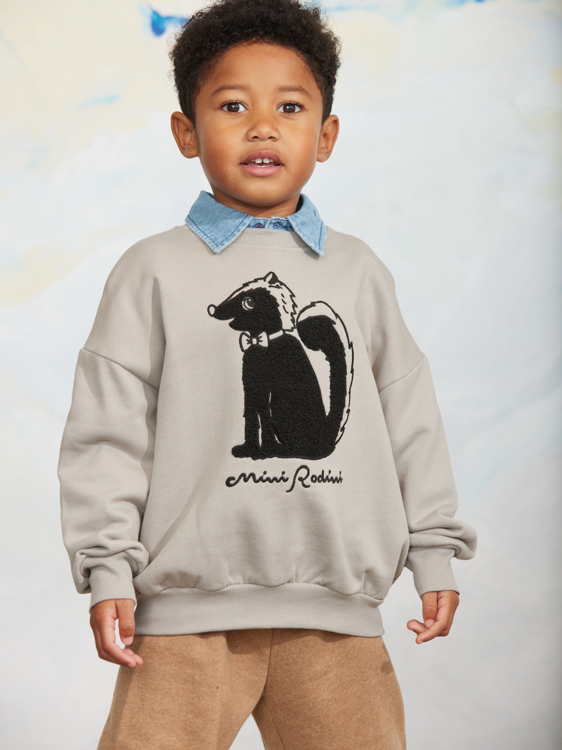 Young child wearing a light gray sweatshirt with a skunk design, standing against a soft, abstract background.