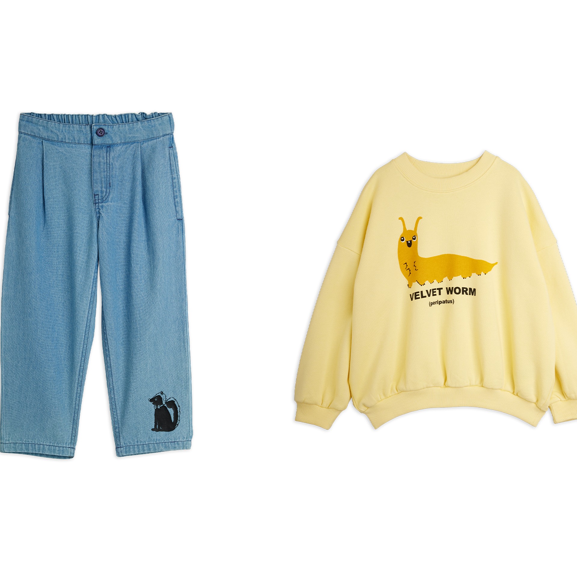 Four clothing items: a t-shirt with a skunk print, a floral long-sleeve top, blue jeans with a skunk motif, and a yellow sweater with a velvet worm design.