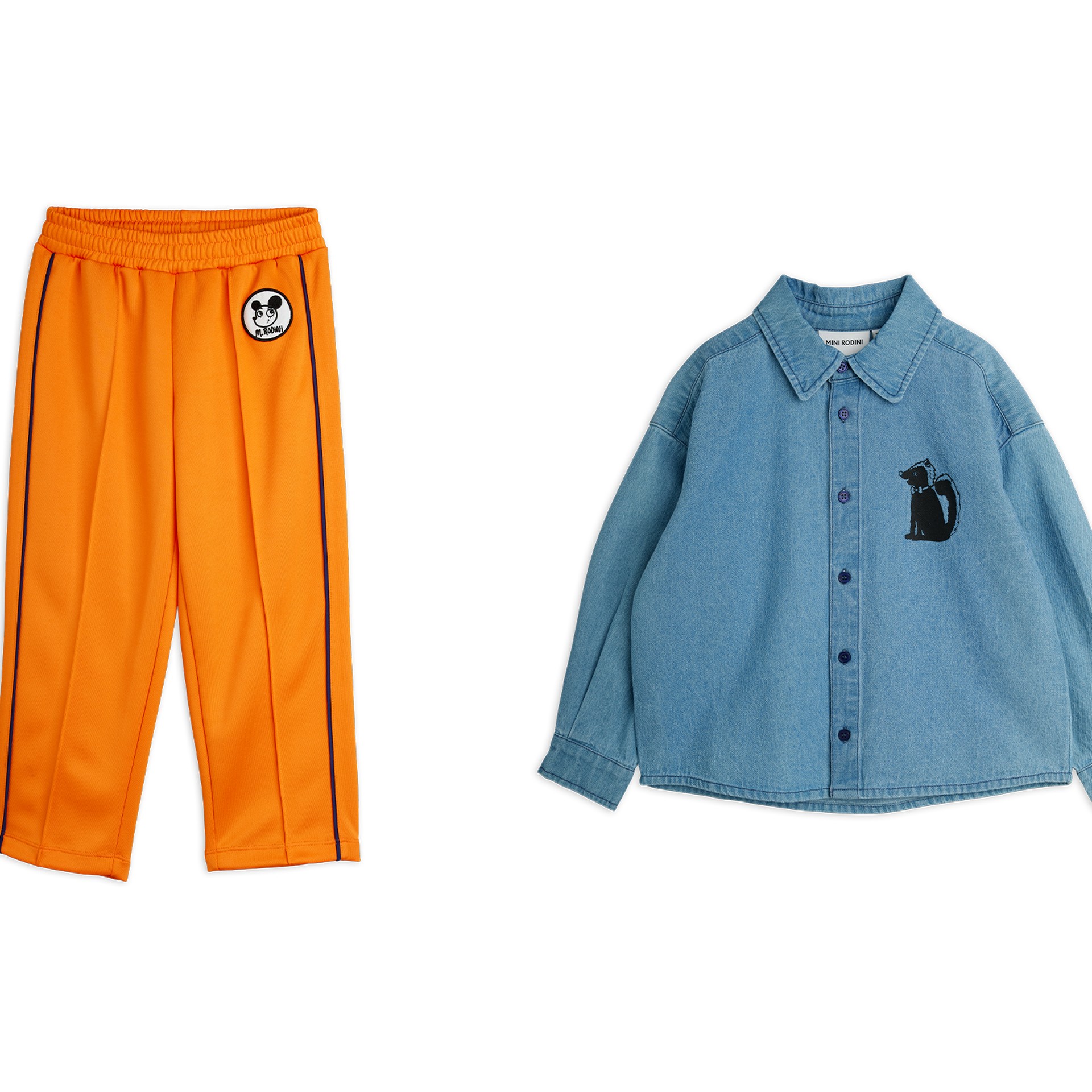 Four children's clothing items: patterned cream jacket, denim shirt with cat design, orange pants, and mint green sweatshirt with worm graphic.