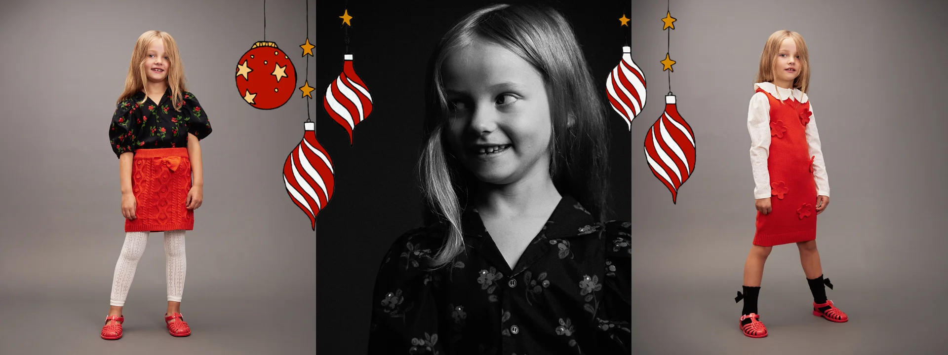 Girl wearing Knitted flower vest dress from Mini Rodini holiday campaign