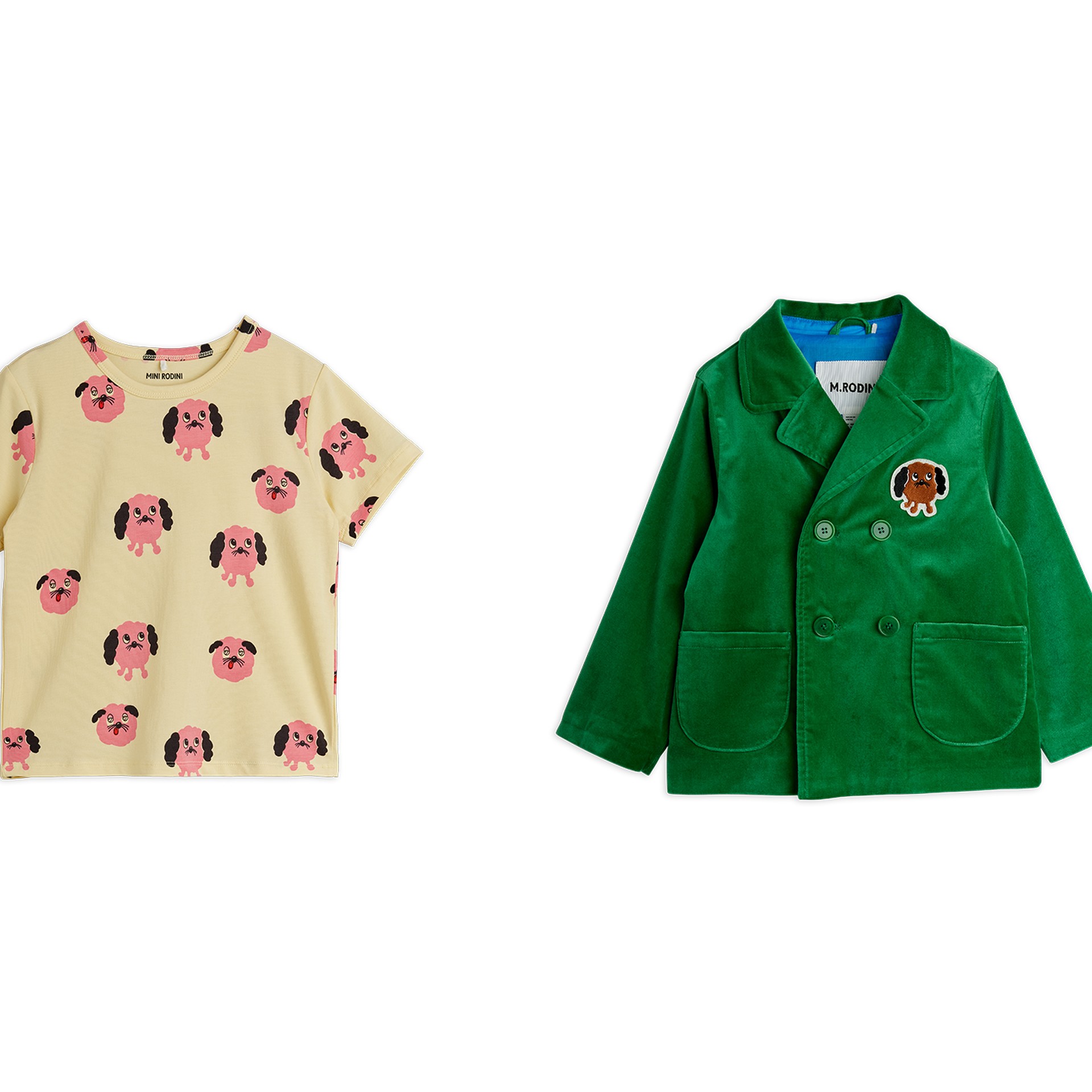 Collage of Doggie patch velvet blazer and Doggie patch velvet flared trousers from Mini Rodini Things to love collection