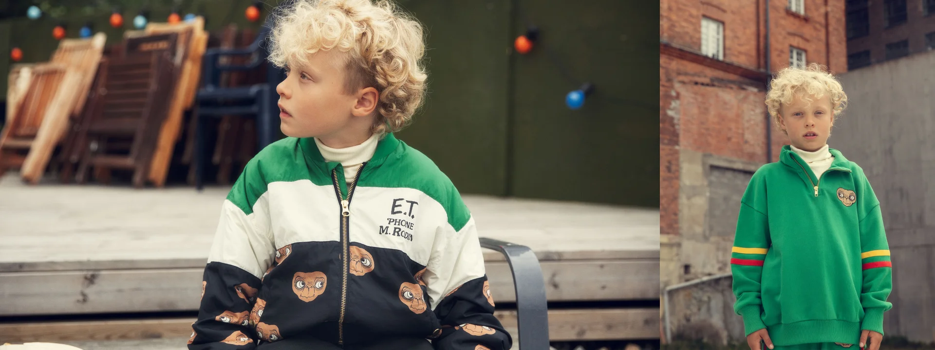 Boy wearing E.T. baseball jacket from Mini Rodini X E.T. collab collection