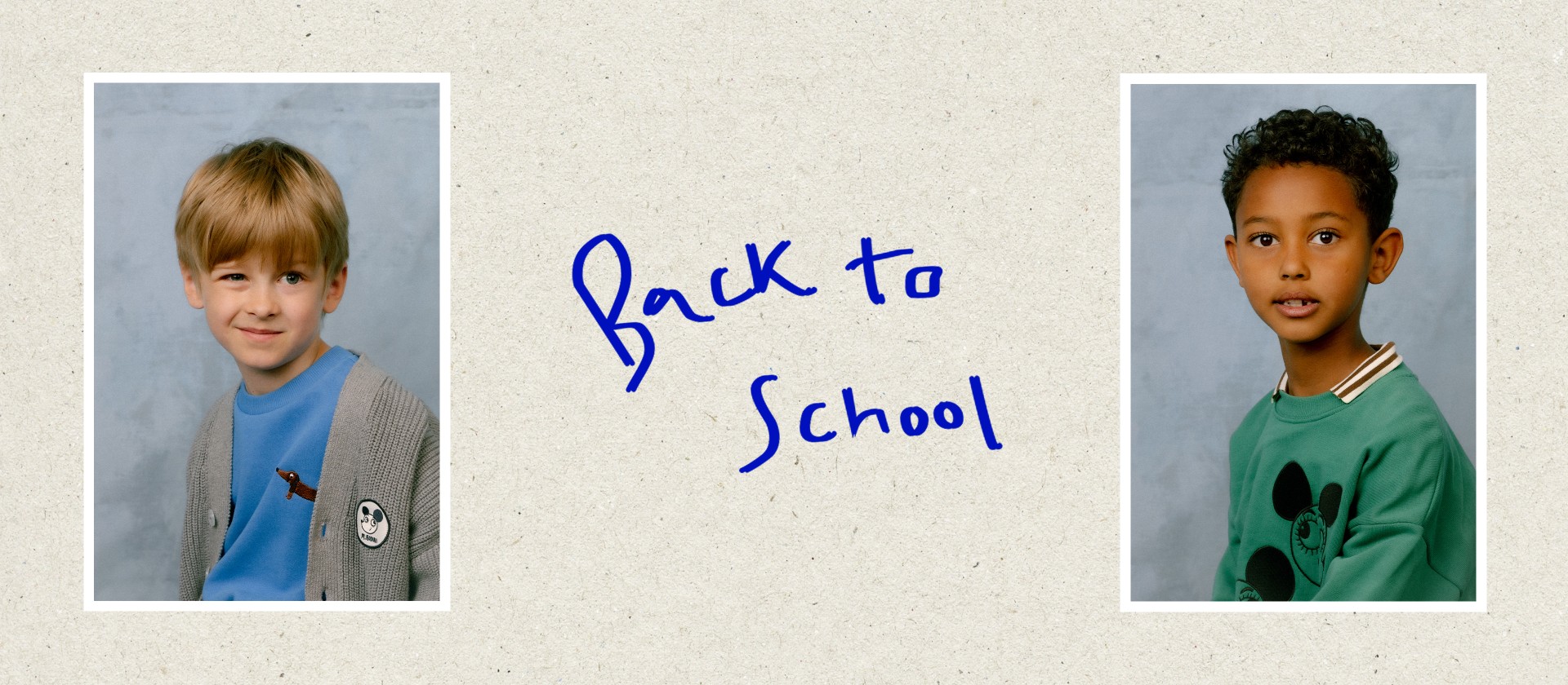 Smiling boy with blonde hair wearing a light blue sweater and gray cardigan; text reads "Back to School" in blue handwriting on the background.