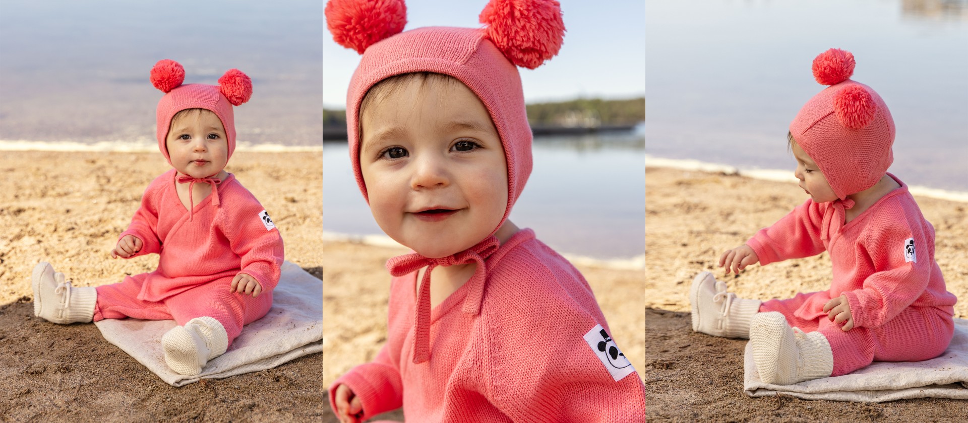 Baby wearing Fine knit baby kit in pink from Mini Rodini