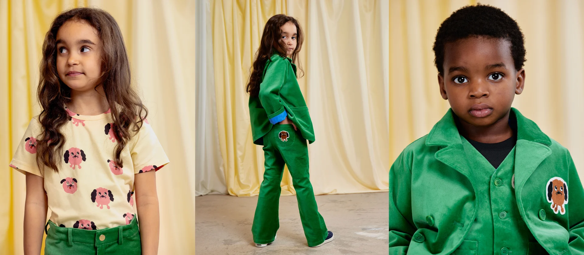 Girl wearing Corduroy suit in green from Mini Rodini Things to love collection