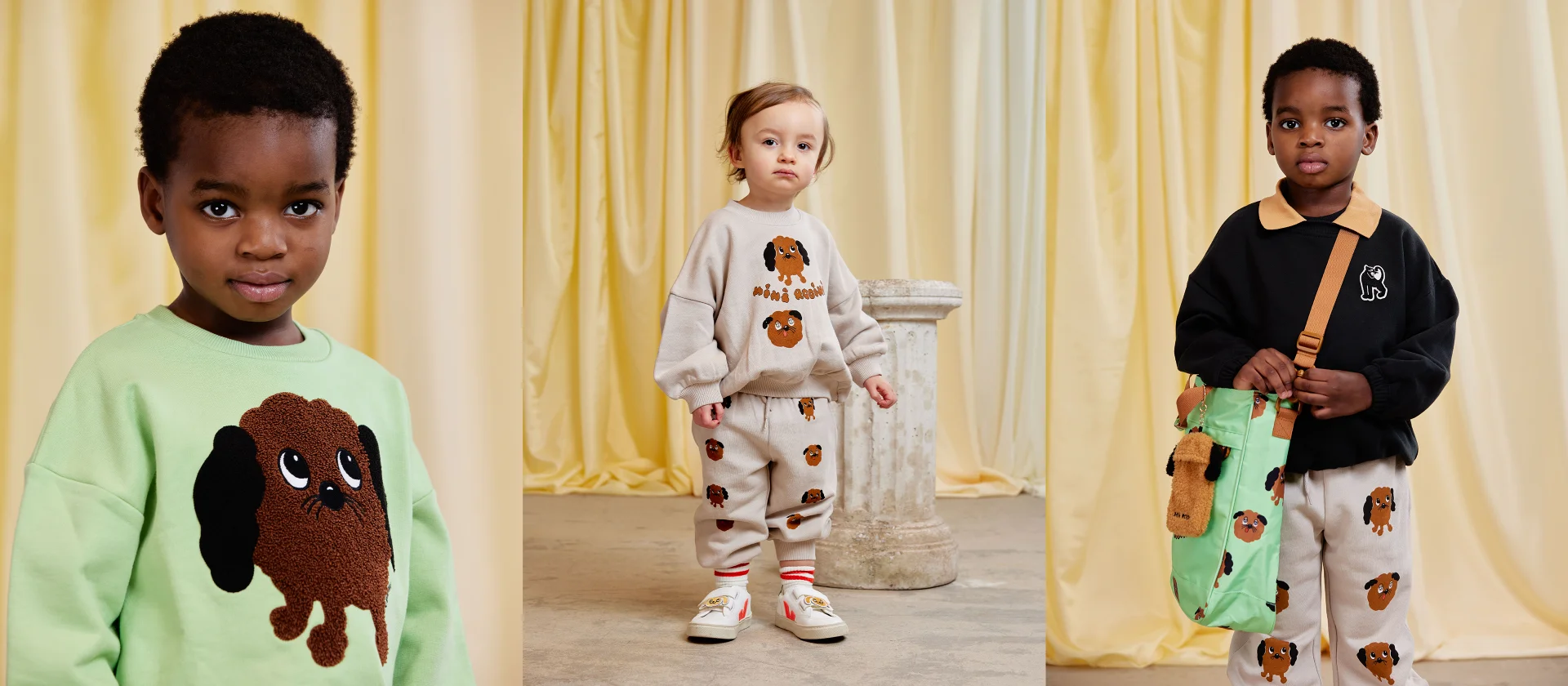 Boy wearing Doggie chenille sweatshirt in light green from Mini Rodini Things to love collection