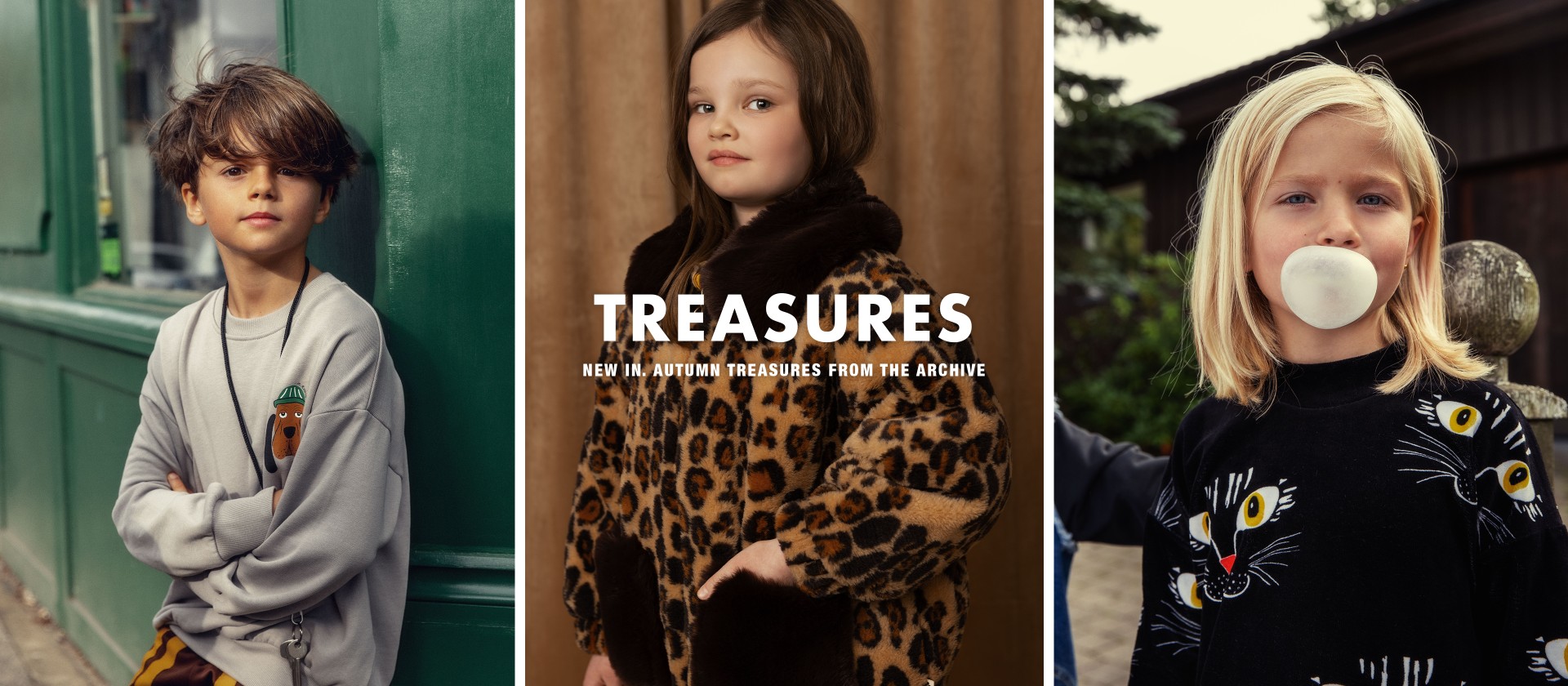 Young girl in a leopard print coat poses confidently, with text reading "Treasures" above and "New in. Autumn treasures from the archive" below.