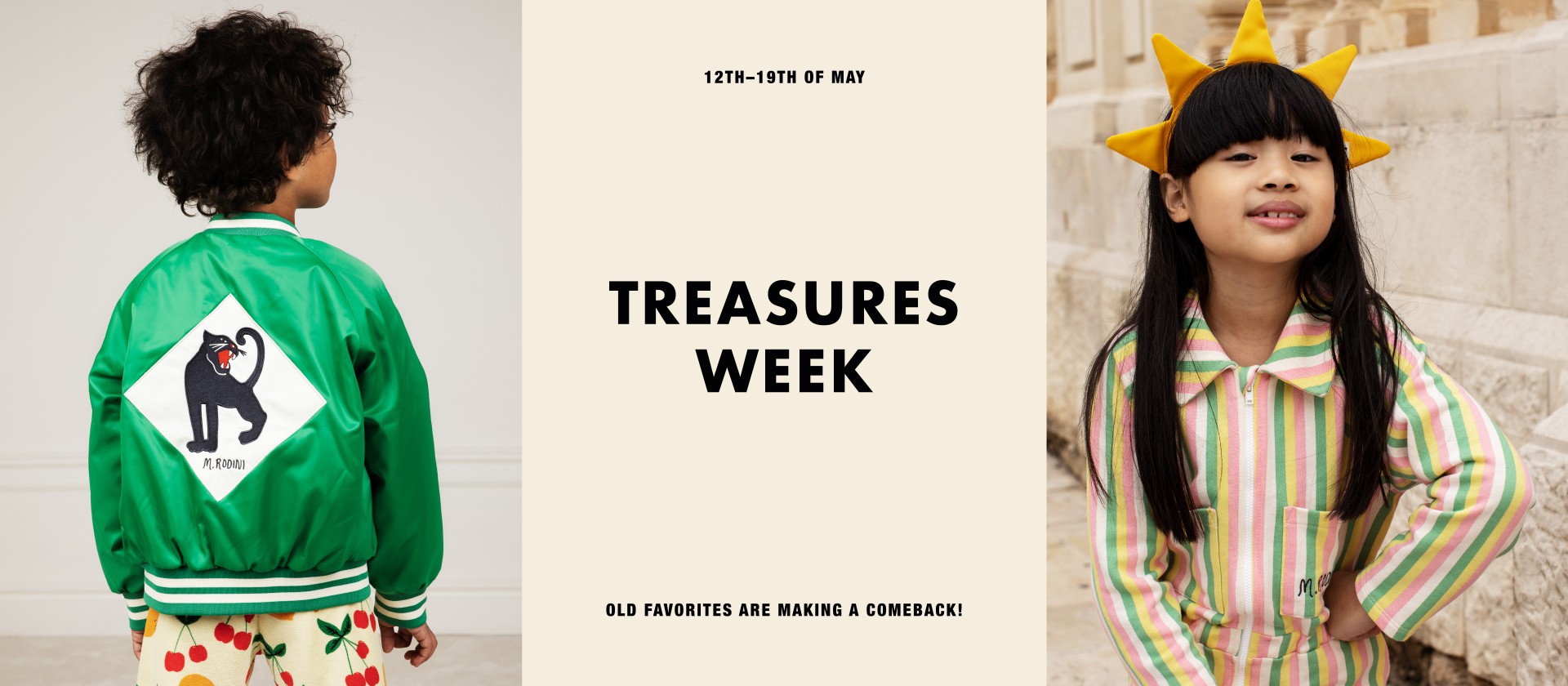 Yellow sweater with a baguette recipe design, promoting “Treasures Week” from 12th-19th May with the tagline "Old favorites are making a comebackmat Mini Rodini"