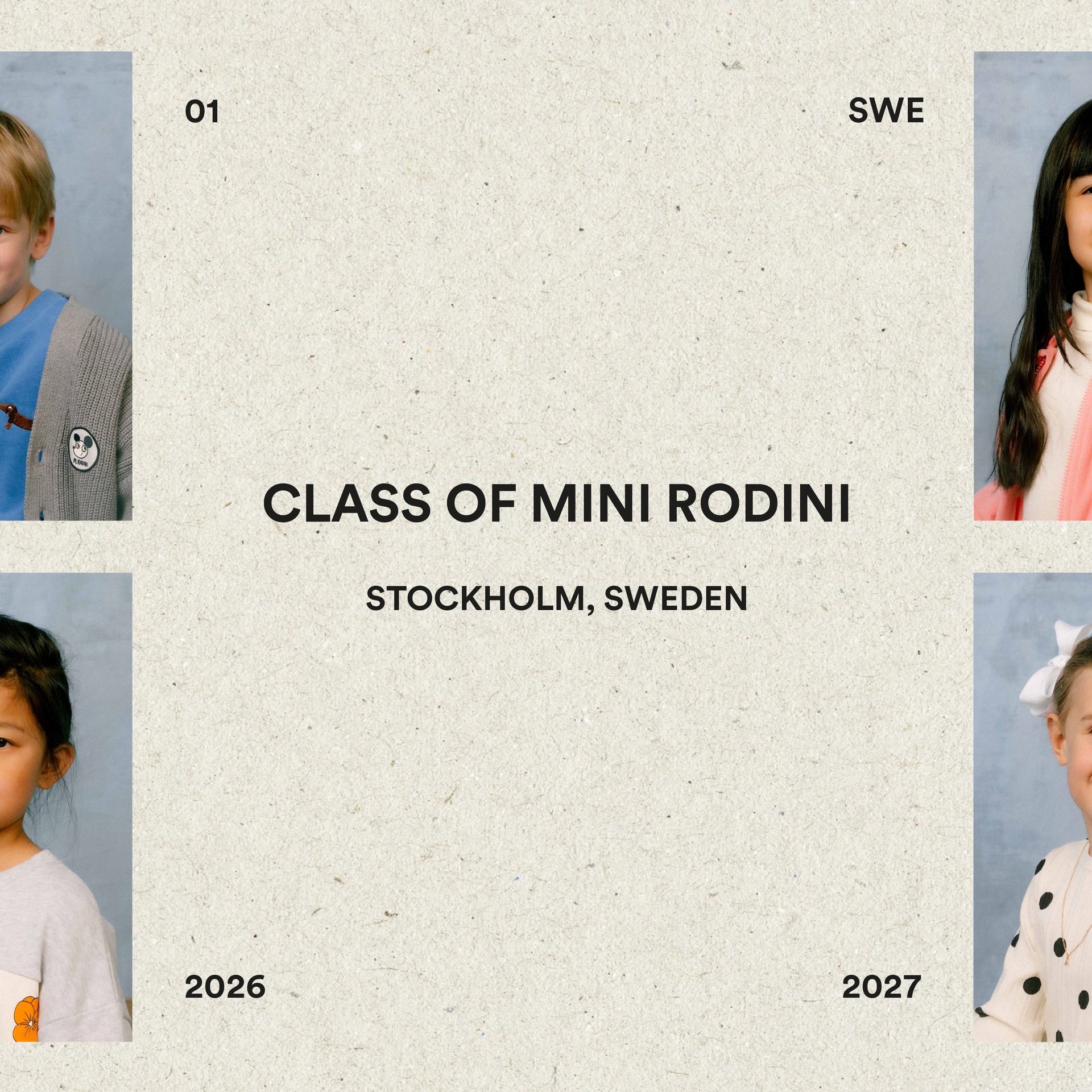 Small images of kids wearing Back to school clothes from Mini Rodini. In the middle there is a text saying Class of Mini Rodini, Stockholm Sweden