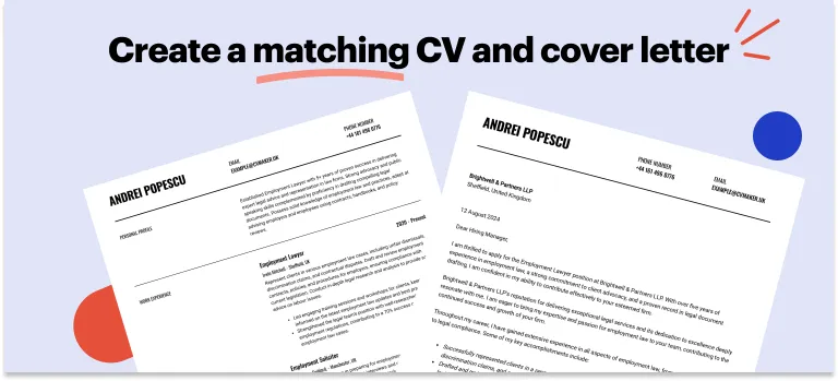 Matching CV and cover letter template for a lawyer job application