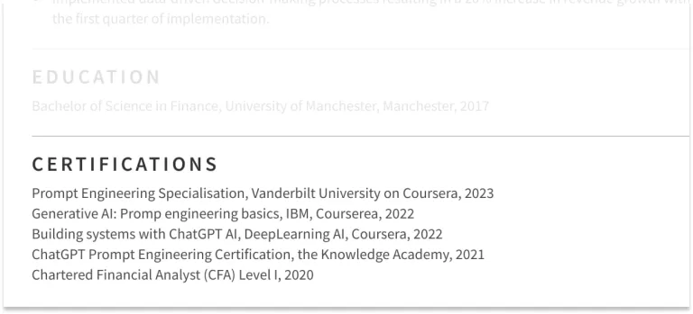 Prompt engineer CV courses and certificates examples