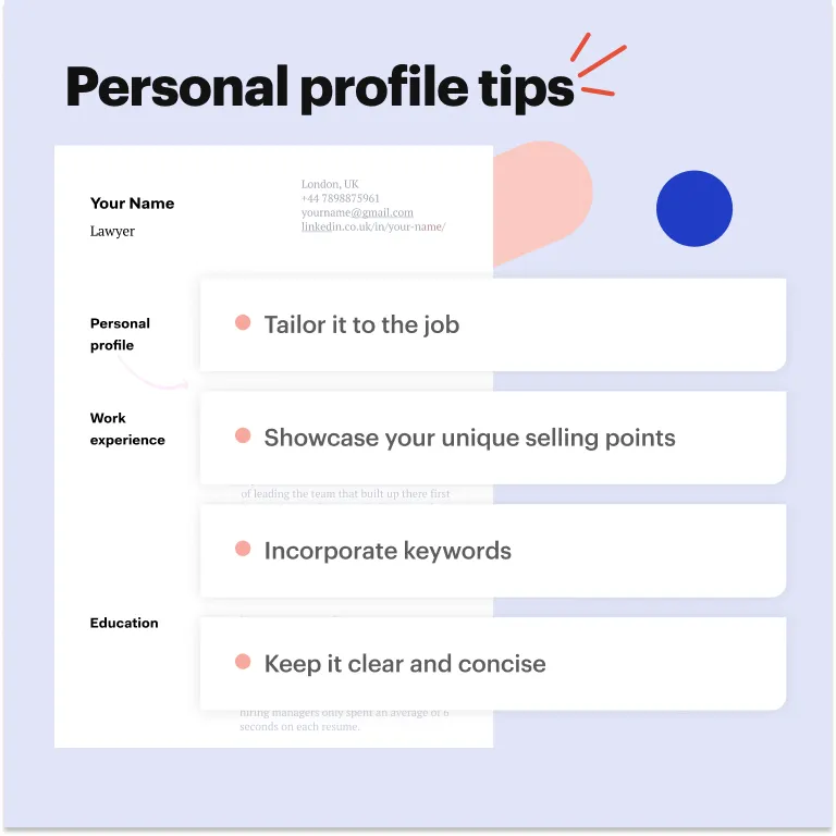 Personal profile template on a CV for a lawyer