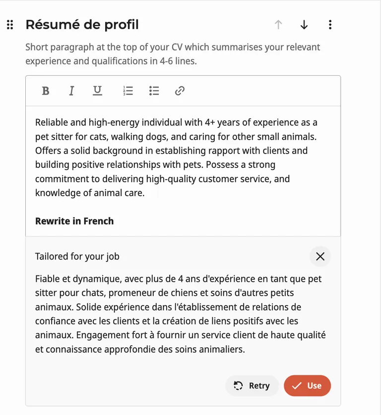 ai translation in cv builder