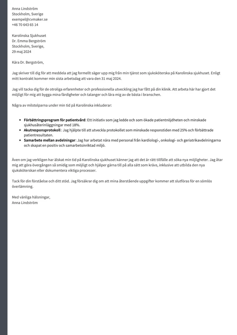 Exempel på uppsägningsbrev för sjukvården
