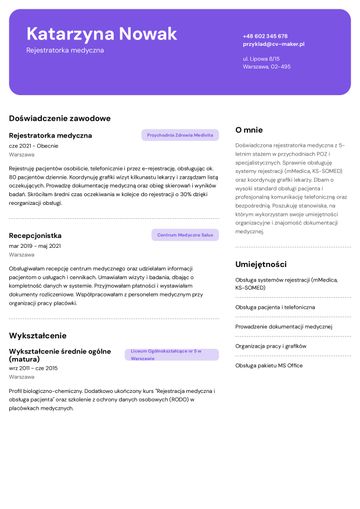 Przykład CV rejestratorki medycznej