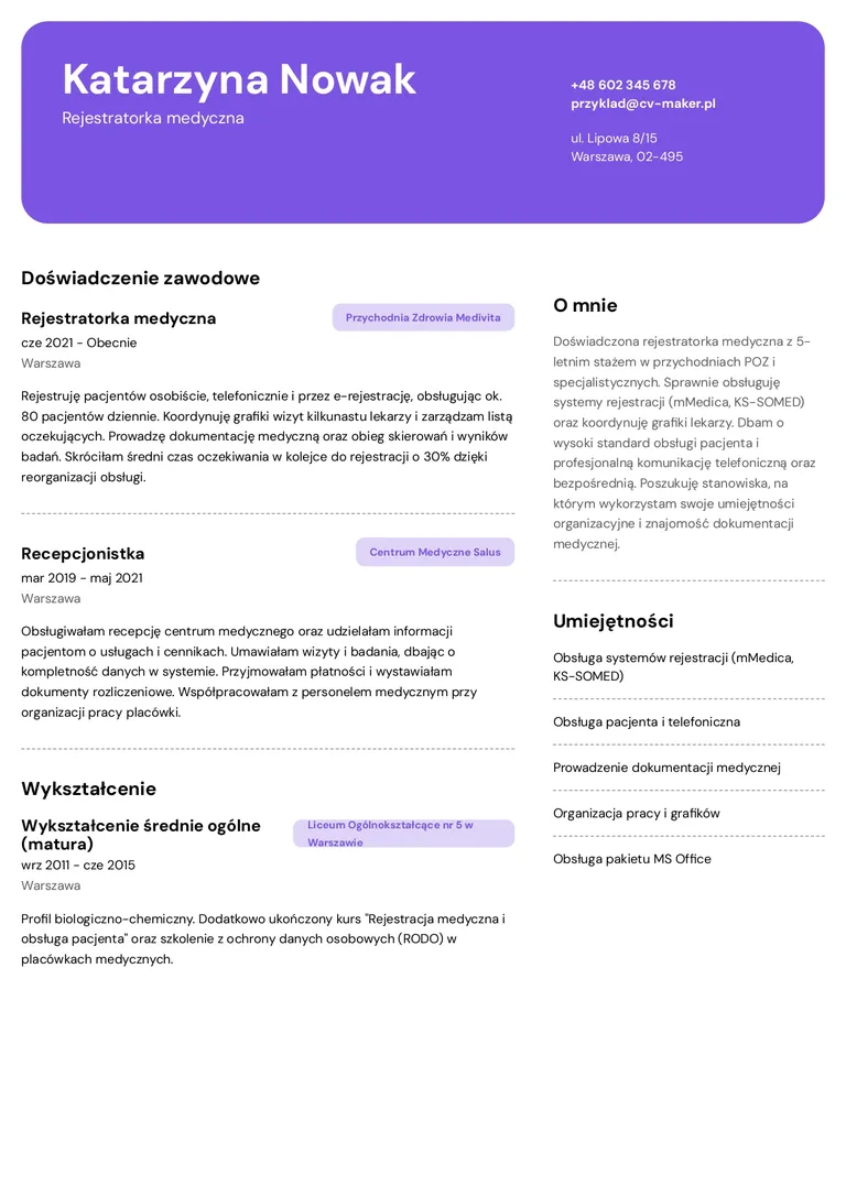 Przykład CV rejestratorki medycznej
