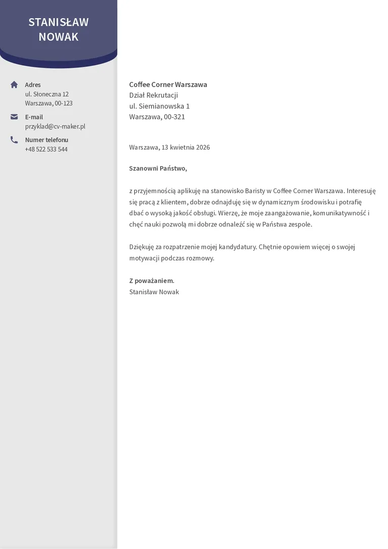 Przykład krótkiego listu motywacyjnego dla baristy