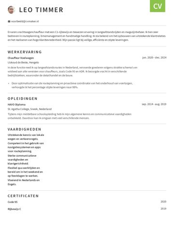 Voorbeeld cv vrachtwagenchauffeur